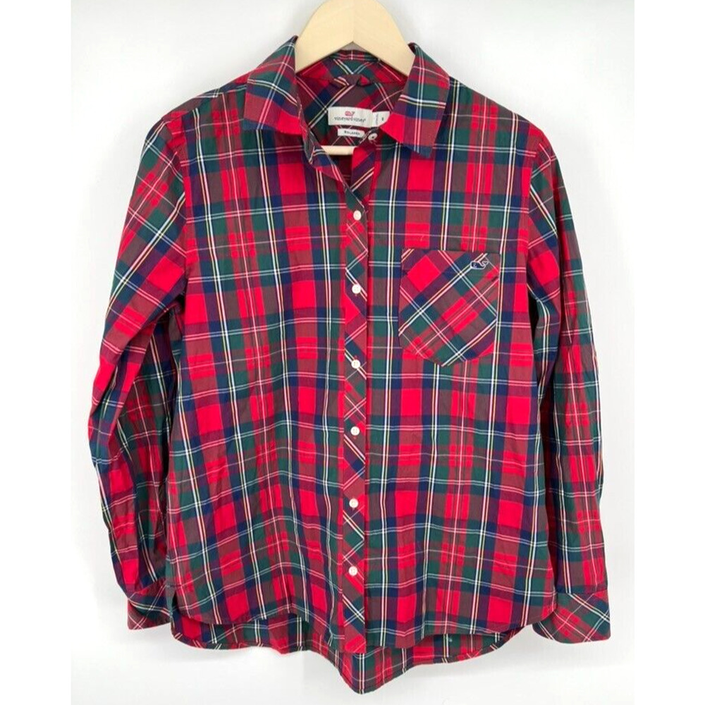 Vineyard Vines Women's Red Green Twill Holiday Plaid Size 8 Family Photos
